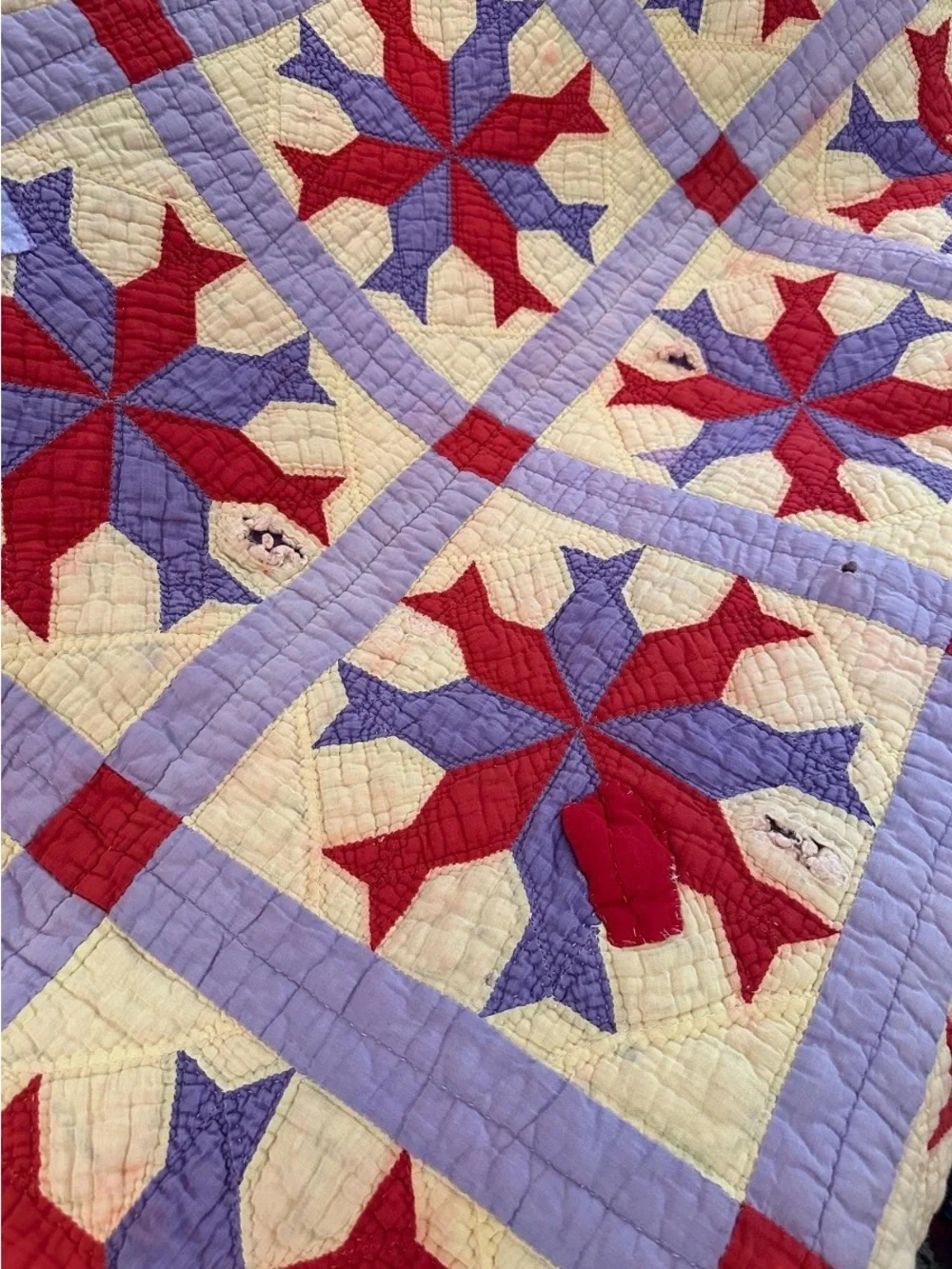 Antique Patchwork Red & Purple Star Quilt c 1900